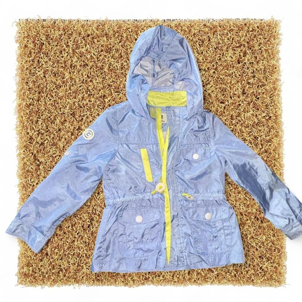 Blue rain jacket with hood and yellow accents. Size: 12-18 months #kids